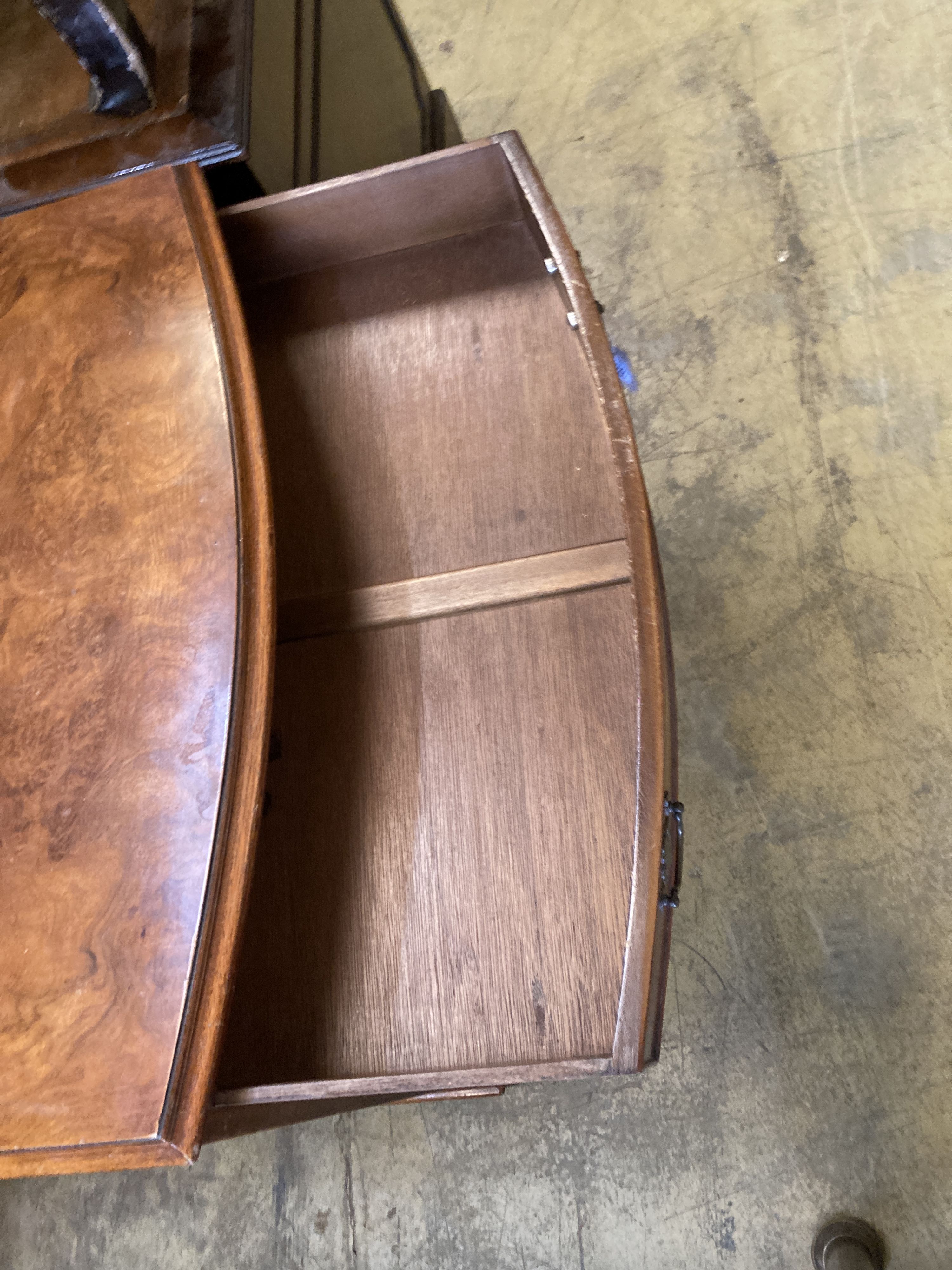 A George III style walnut bow front chest of drawers, width 80cm, depth 52cm, height 83cm